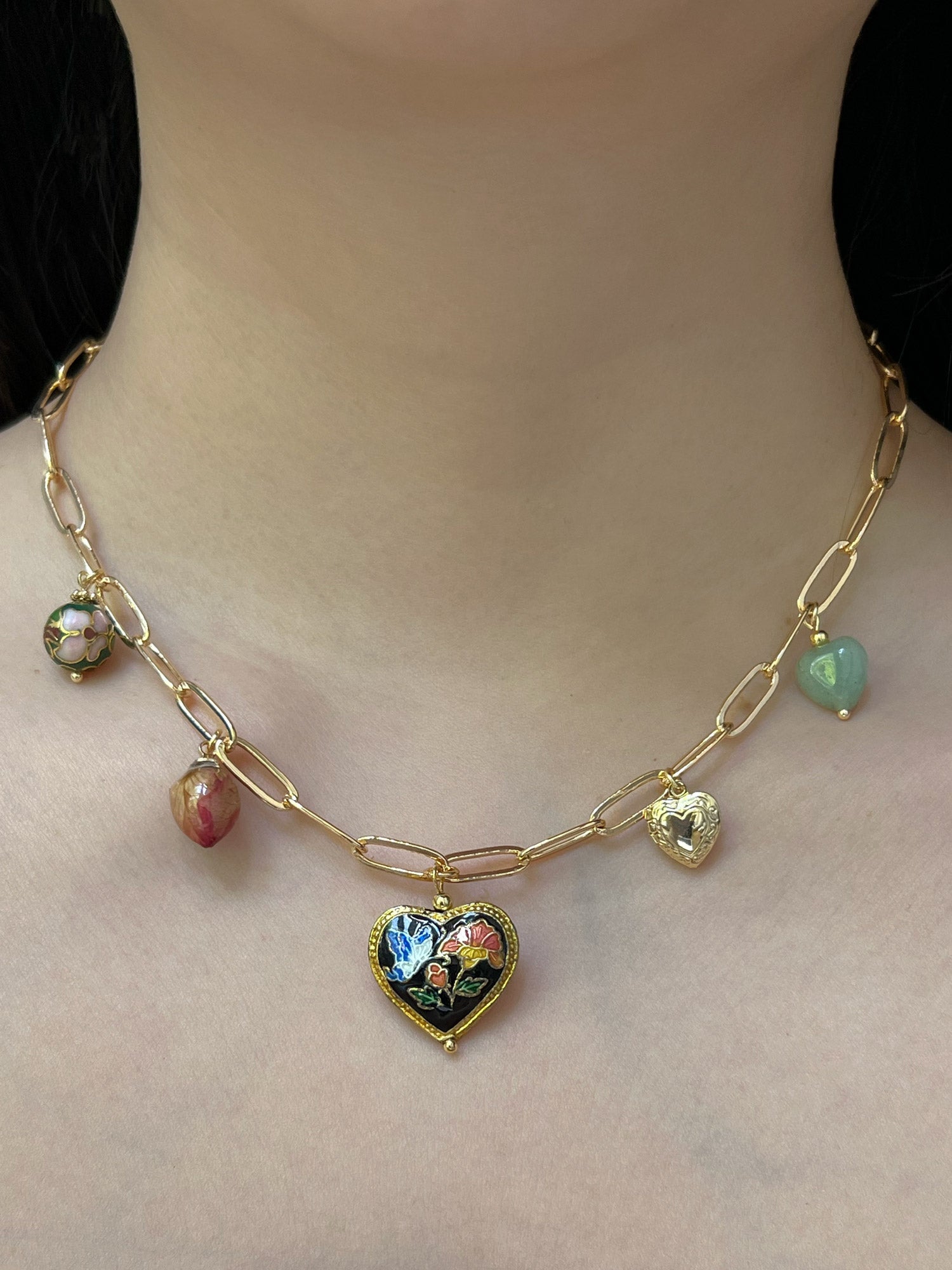 Heart Cloisonne Charm Necklace - Black Heart/Dried Rose