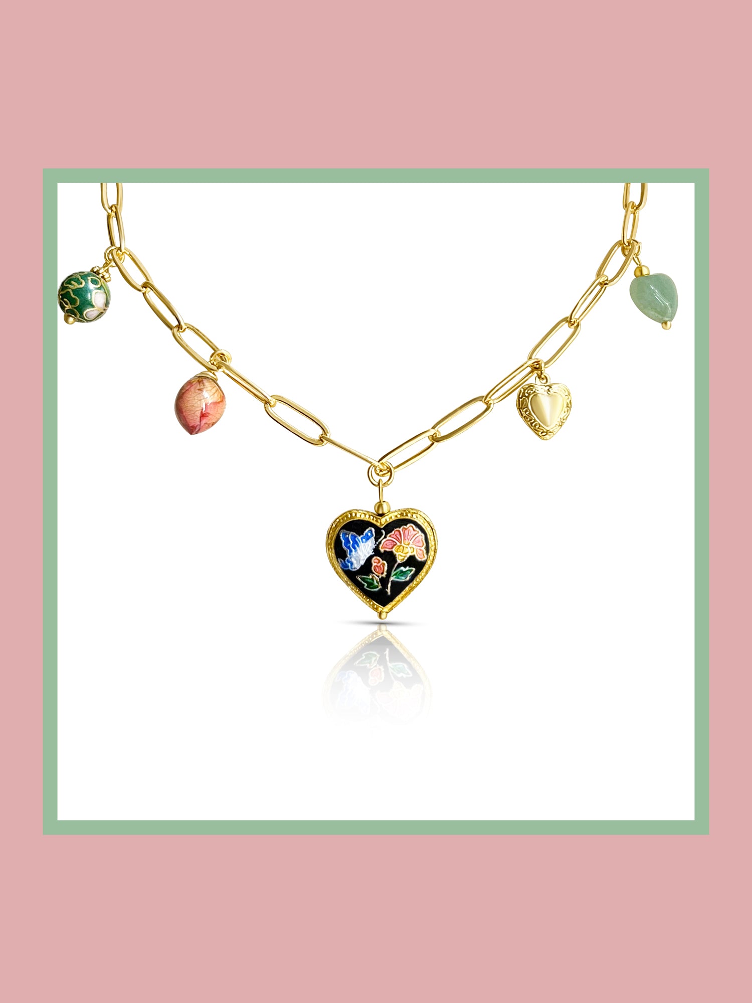 Heart Cloisonne Charm Necklace - Black Heart/Dried Rose