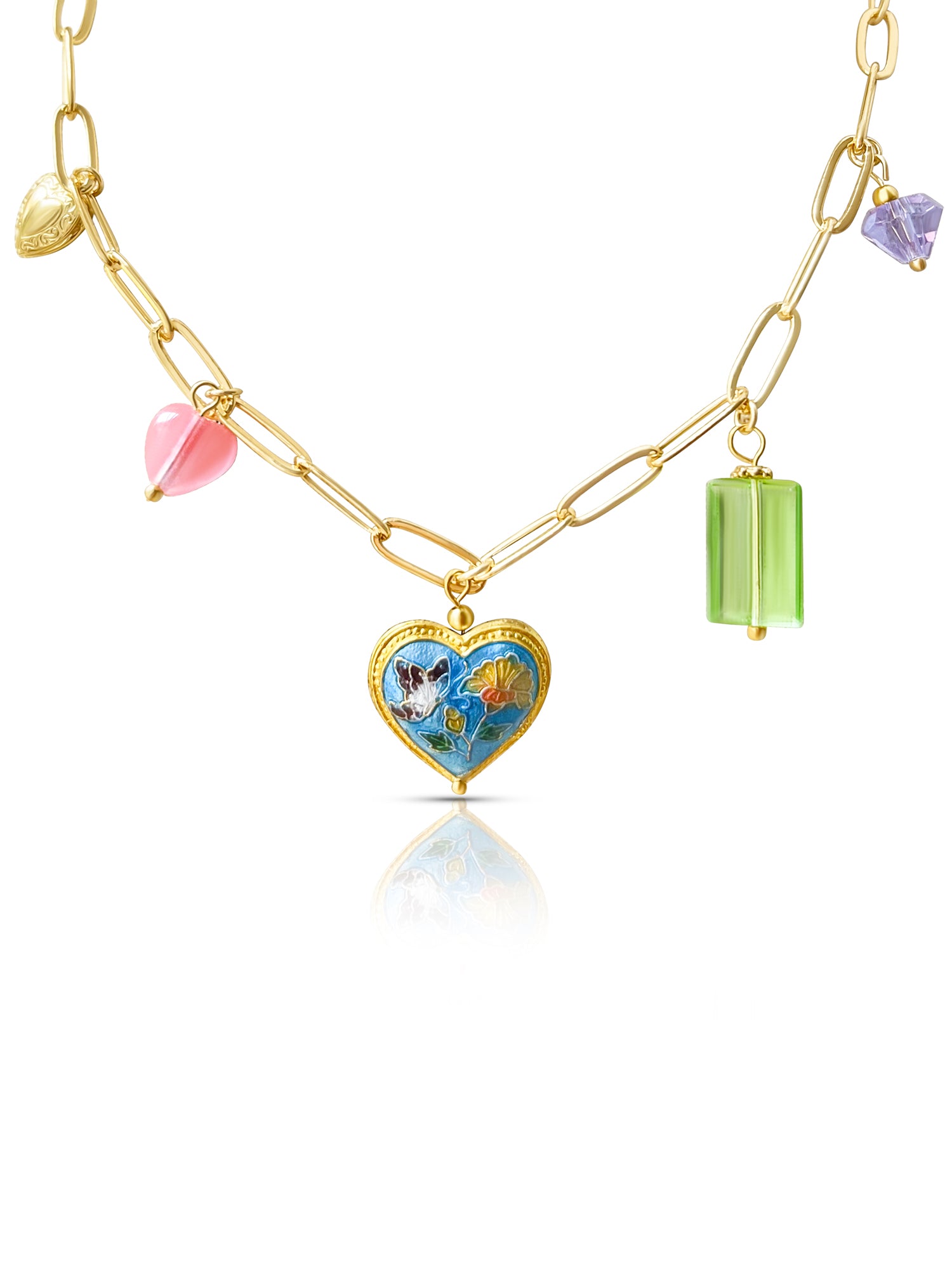Heart Cloisonne Charm Necklace - Blue Heart/Glass Crystals