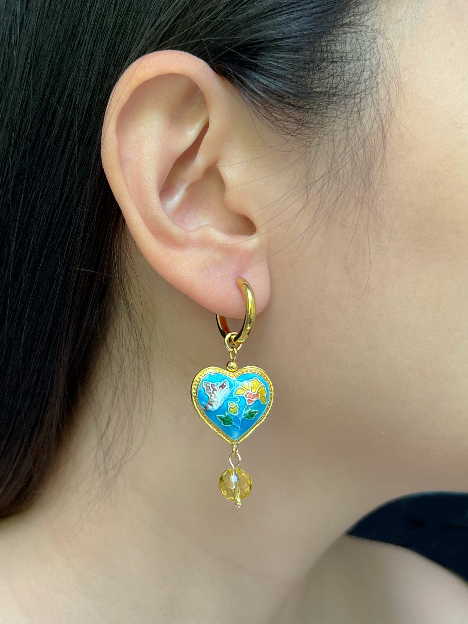 Blue Cloisonne Heart Dangling Earrings with Yellow Glass Crystal