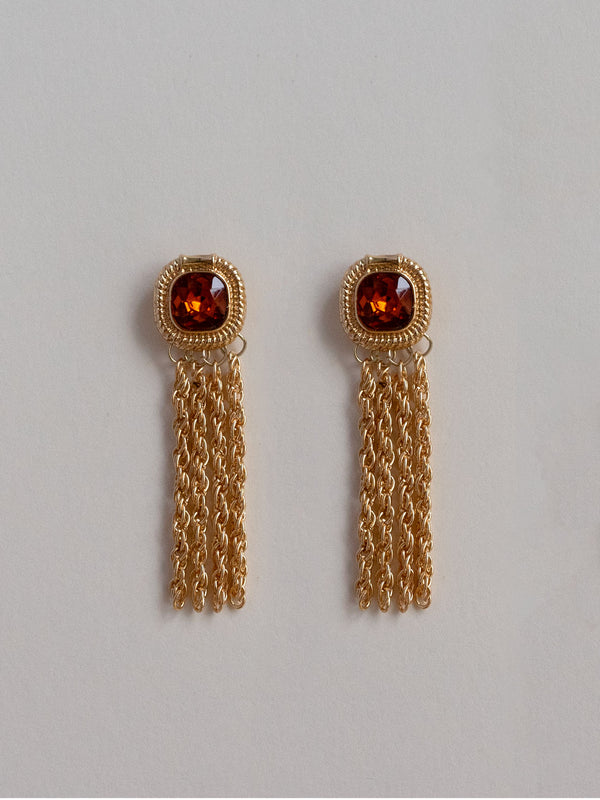 Royal Gemstones Dangling Chain Earrings - Brownish Red