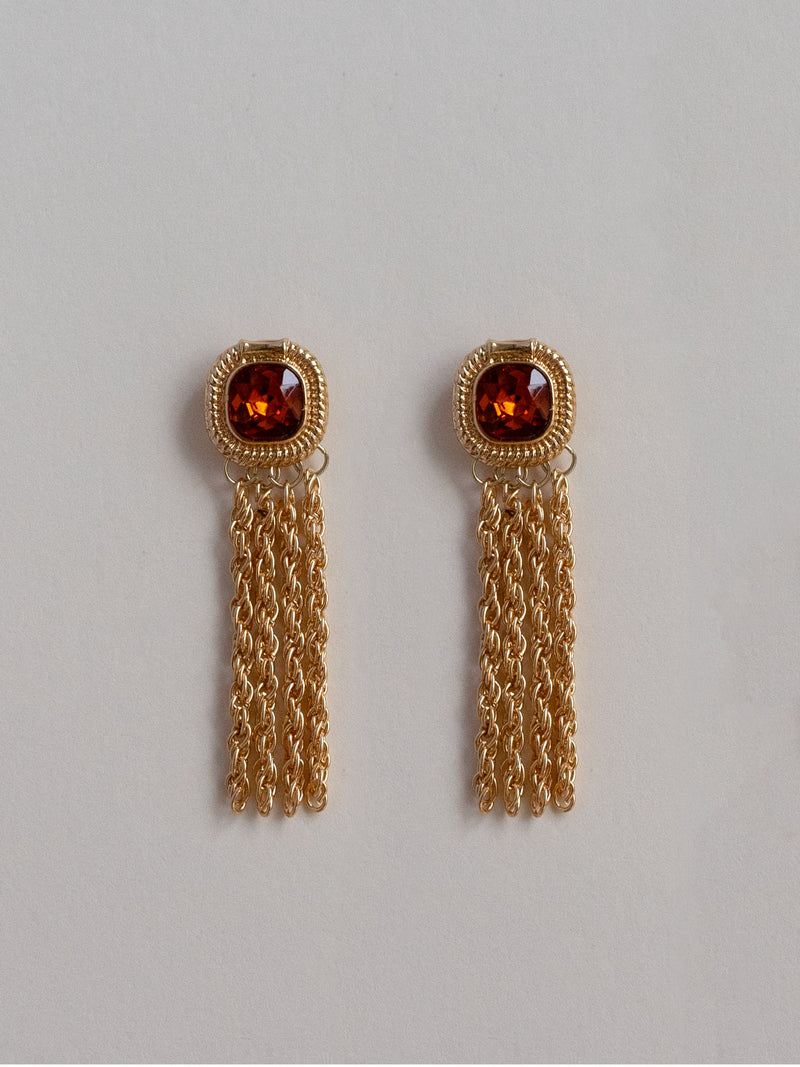 Royal Gemstones Dangling Chain Earrings - Brownish Red