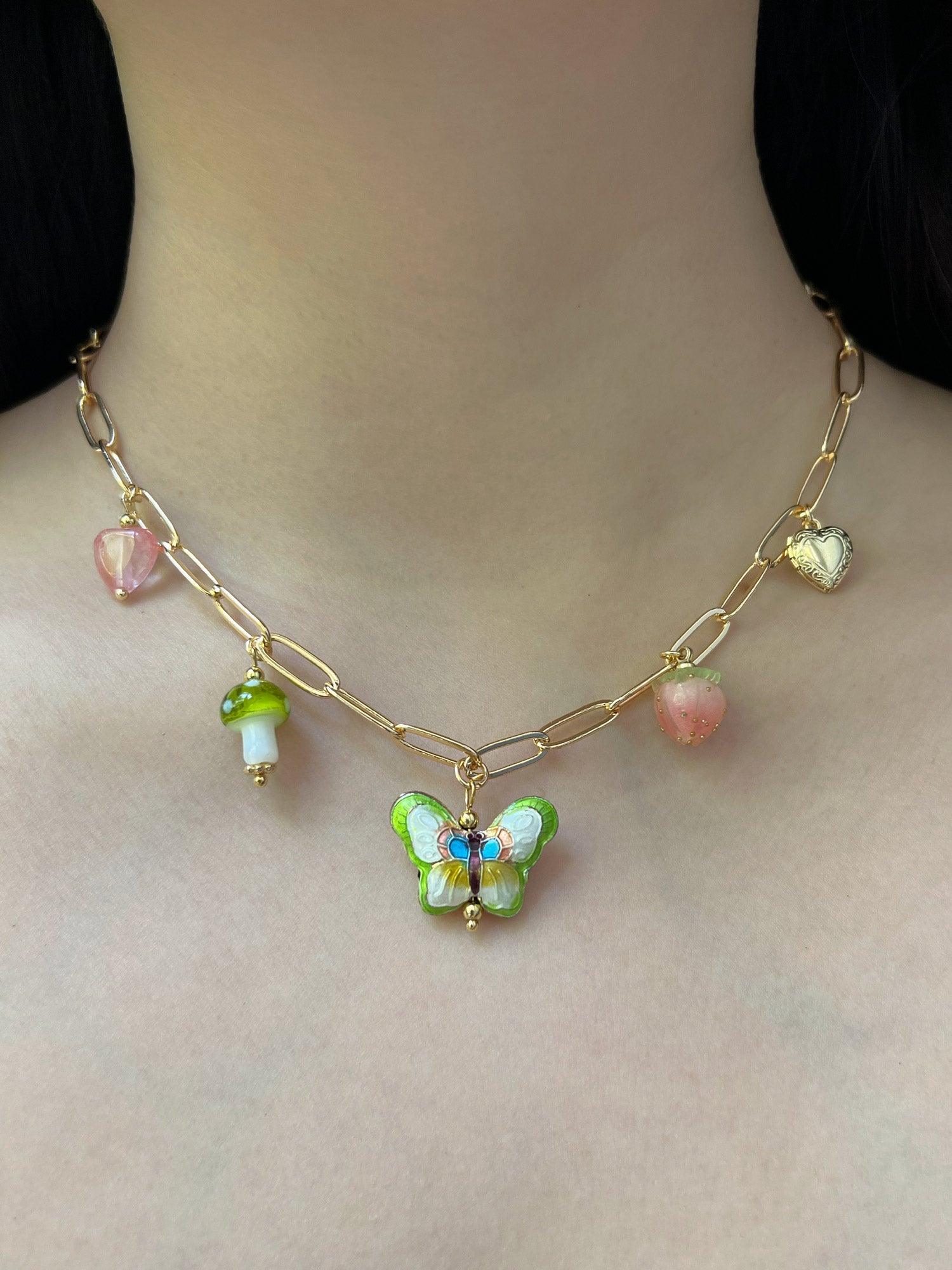 Butterfly Cloisonne Charm Necklace with Mushroom - Apple Green