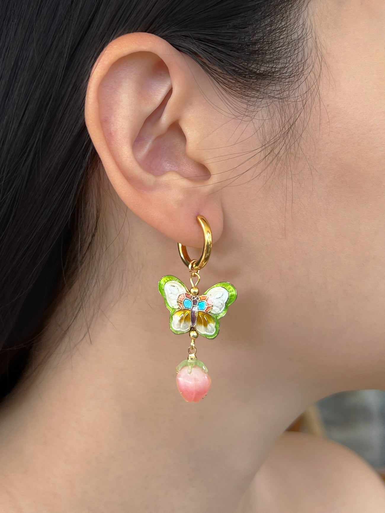 Butterfly Cloisonne Dangling Earrings - Peachy Flower Bud