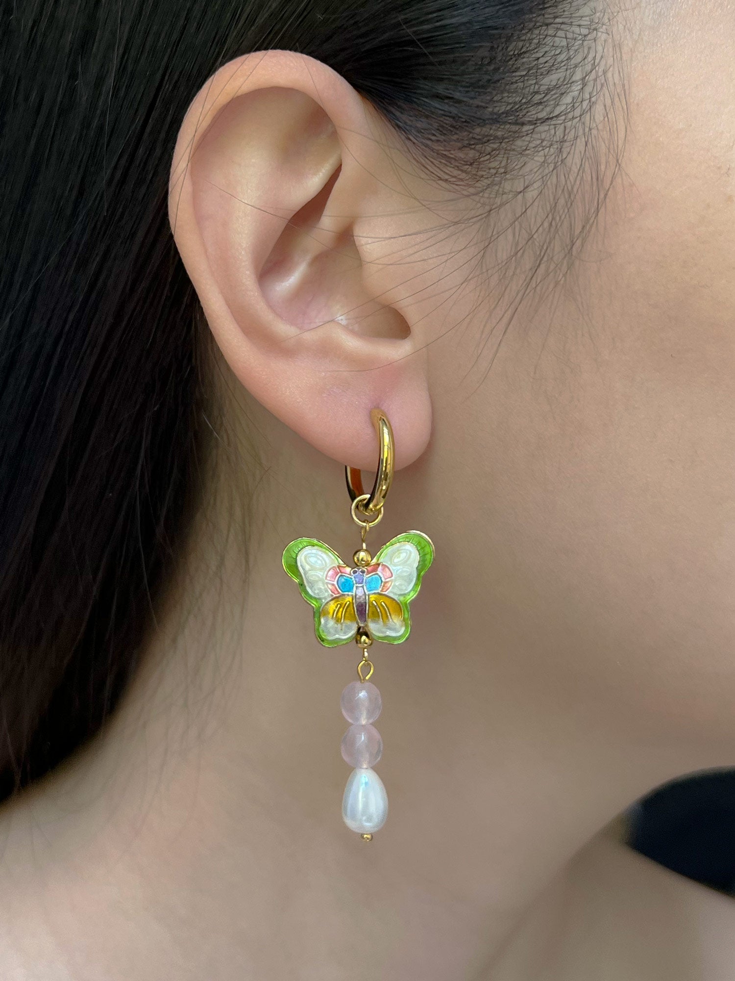 Butterfly Cloisonne Dangling Earrings - Rose Quartz/Teardrop Pearl