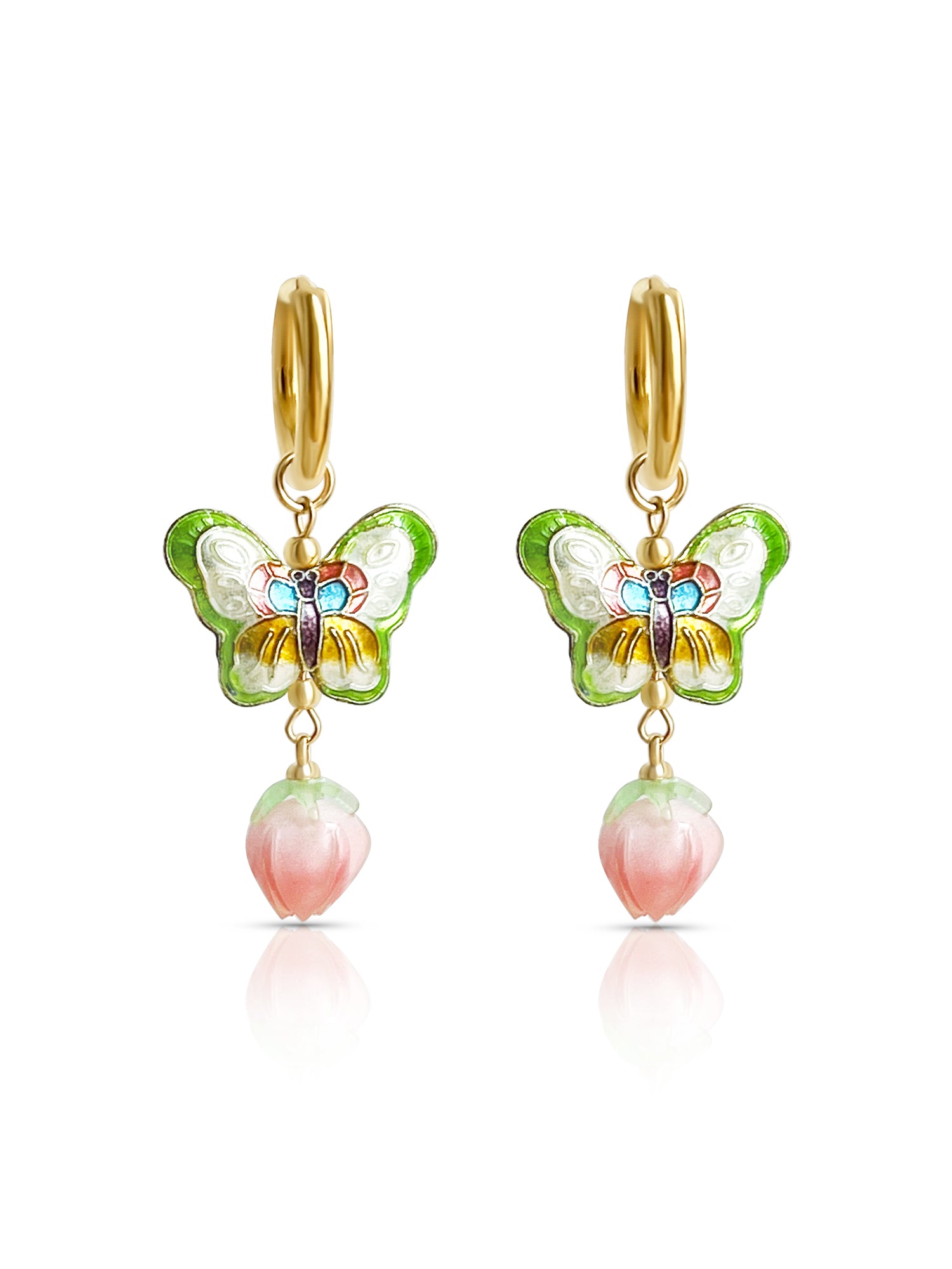 Butterfly Cloisonne Dangling Earrings - Peachy Flower Bud