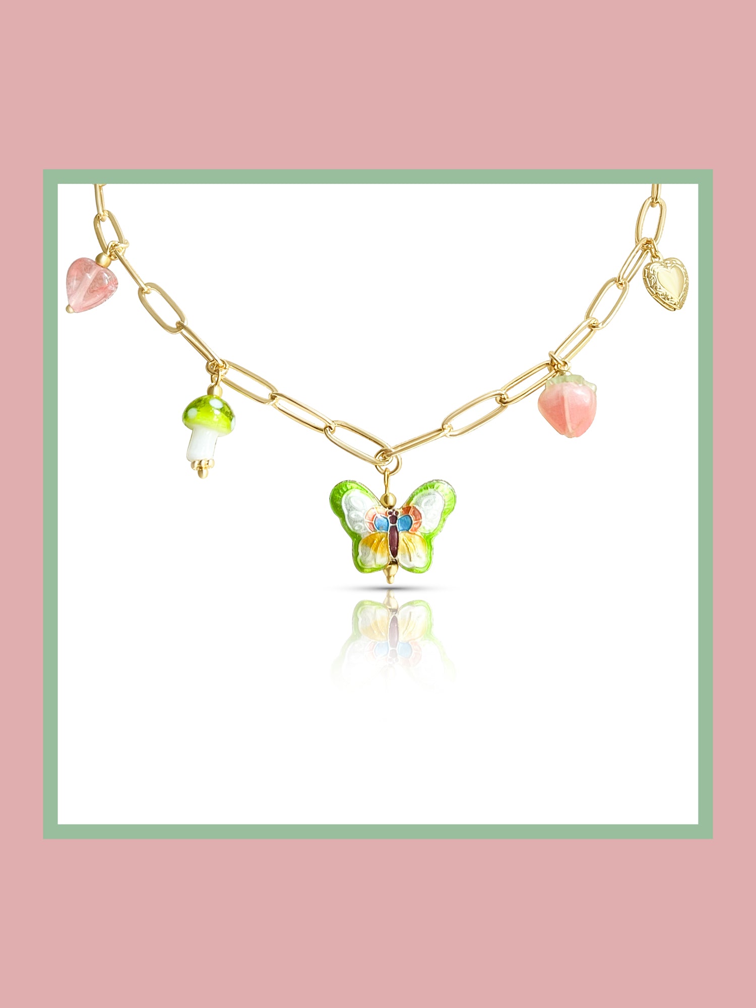 Butterfly Cloisonne Charm Necklace with Mushroom - Apple Green