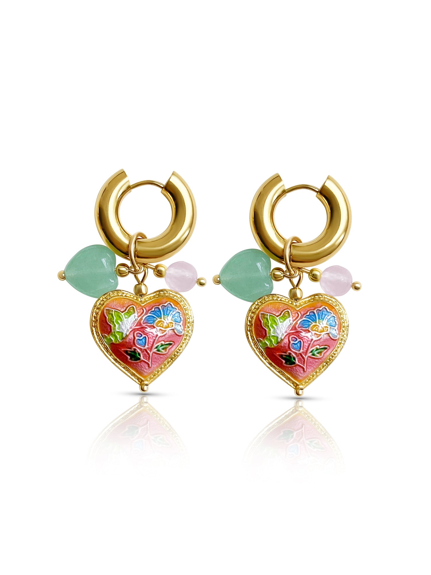 Pink Cloisonne Heart Chunky Gold Hoops - Rose Quartz/Green Aventurine