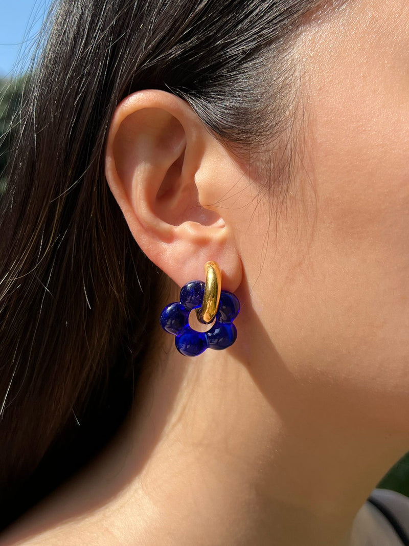 Glass Flower Donut Hoops - Cobalt Blue