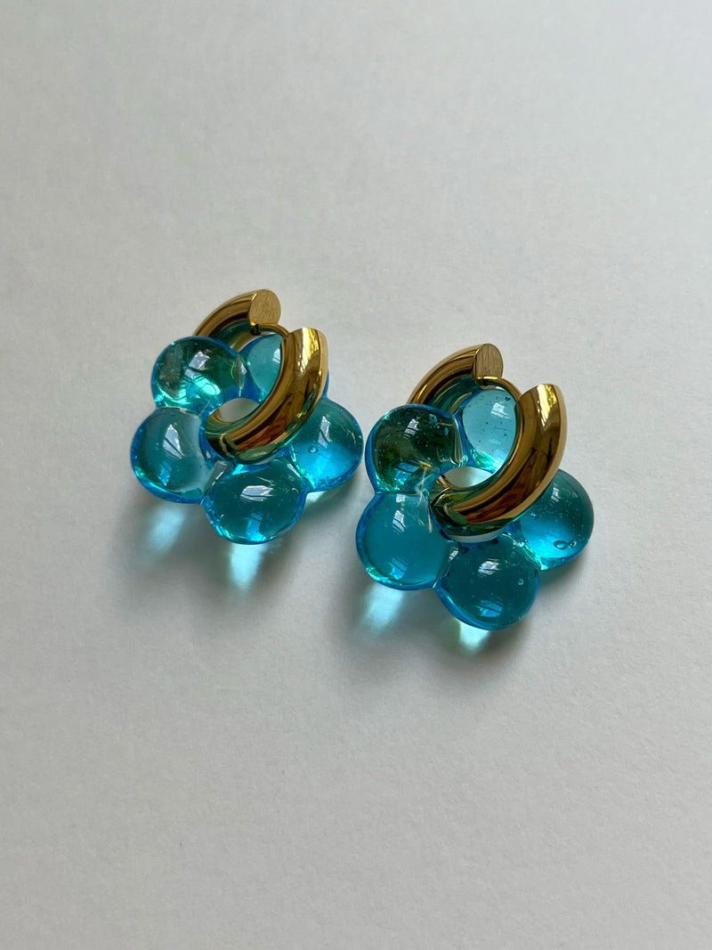Glass Flower Donut Hoops - Aqua