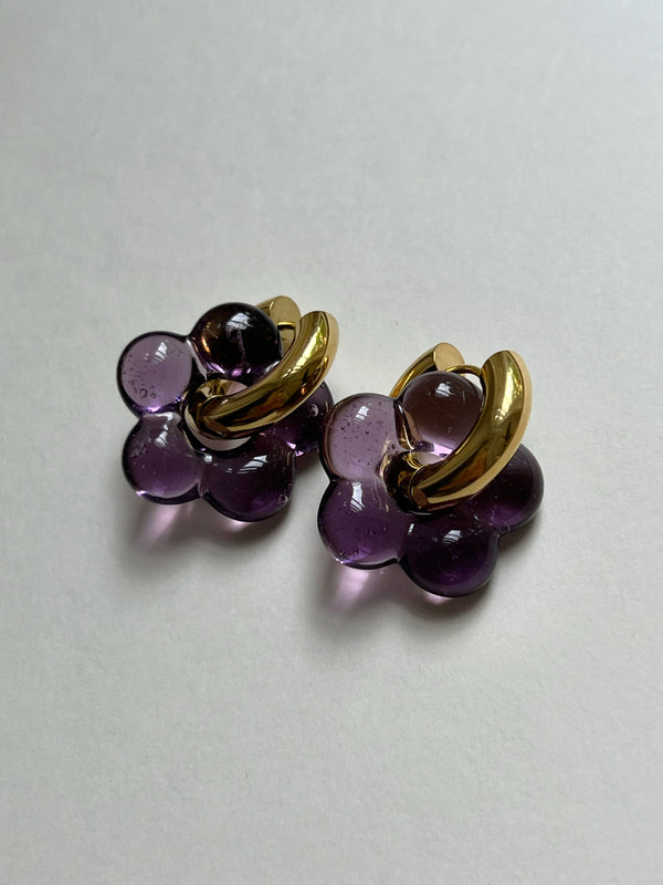 Glass Flower Donut Hoops - Dark Purple