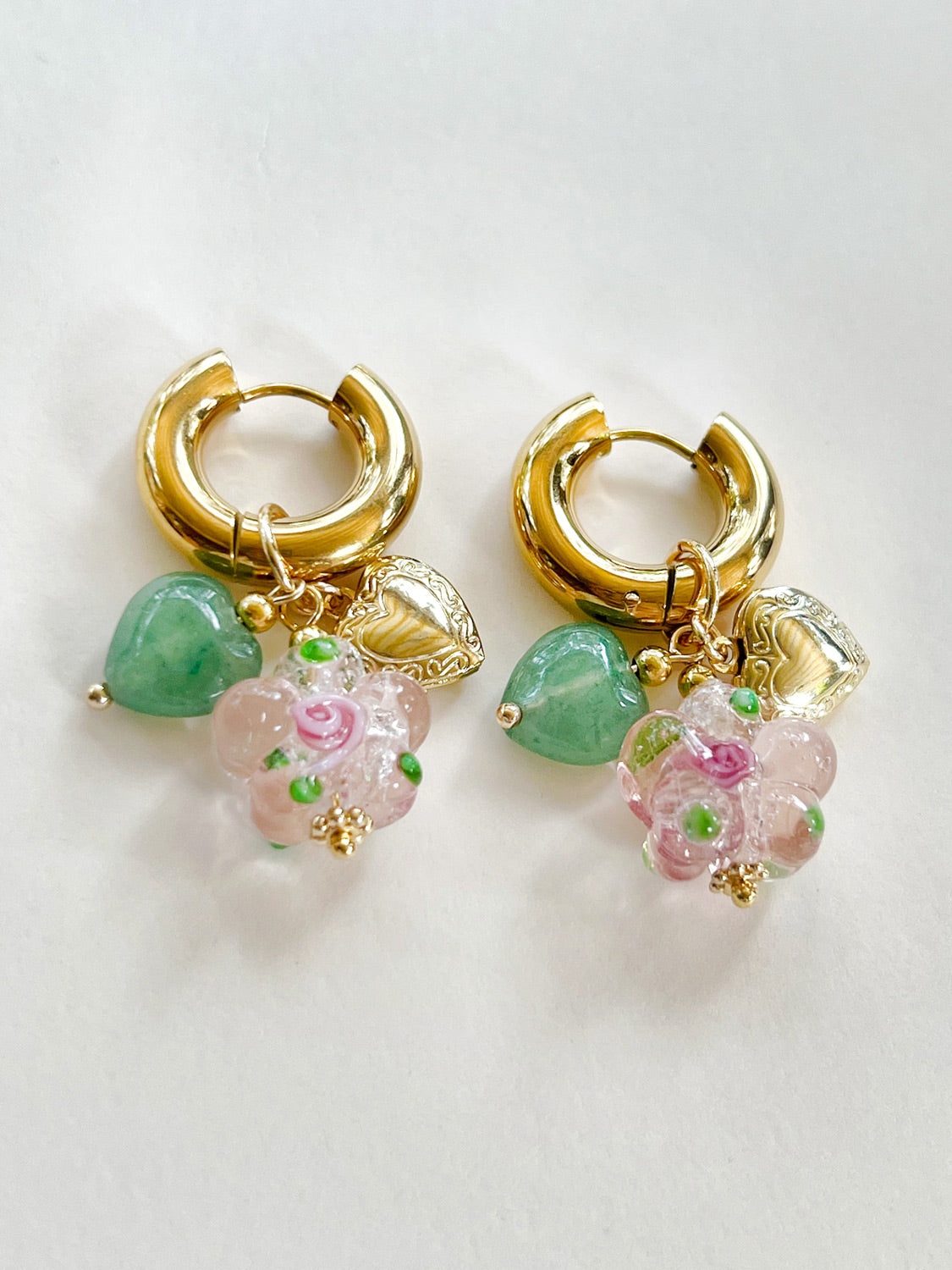 Pink Glass Flower Chunky Hoops - Heart Locket/Green Aventurine