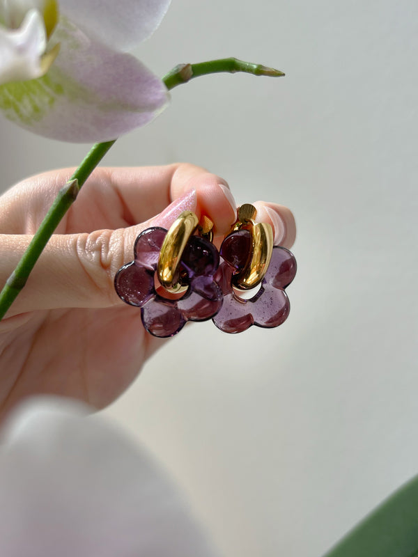 Glass Flower Donut Hoops - Dark Purple