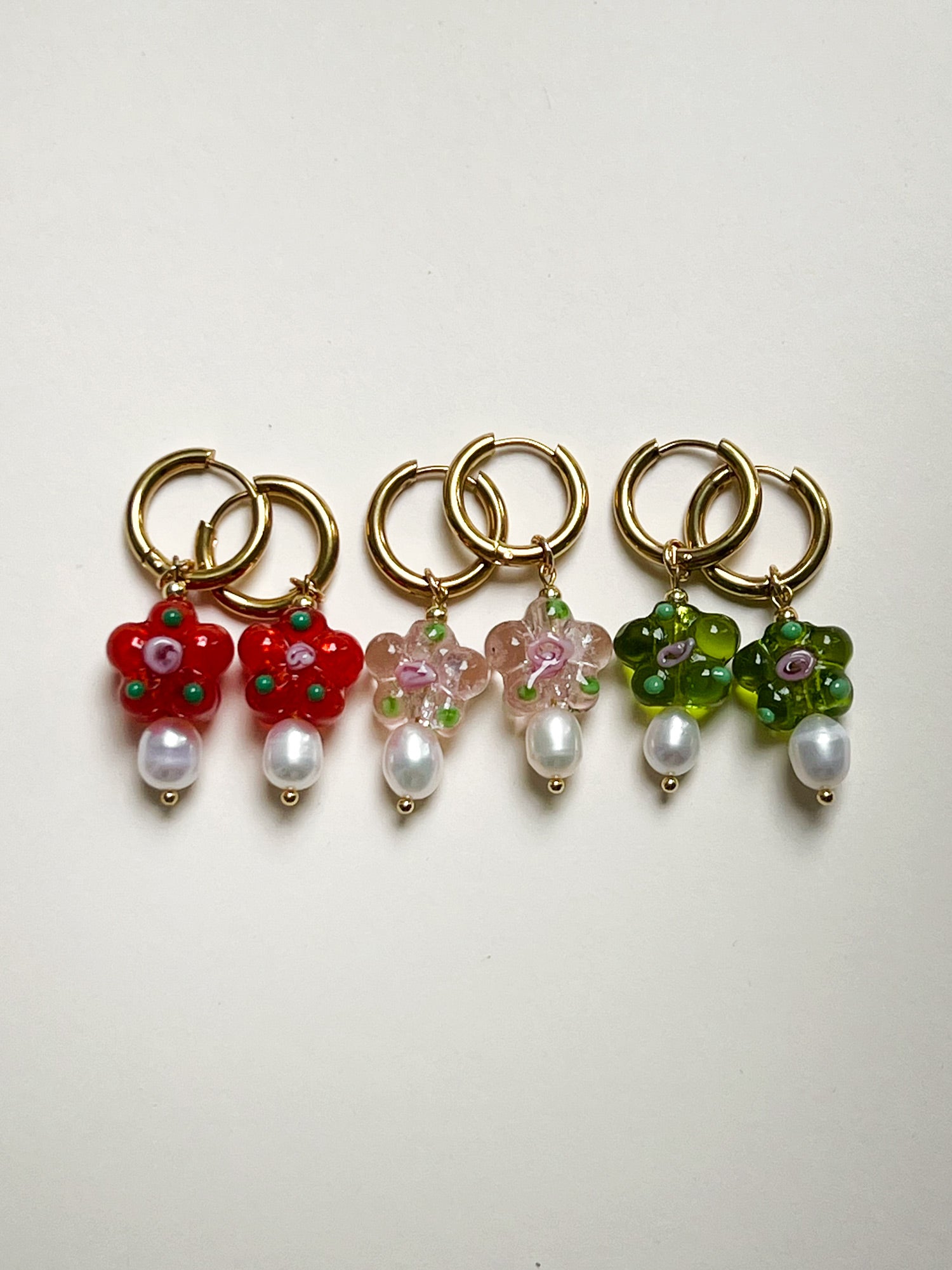 Glass Flower & Pearl Hoop Earrings - Apple green