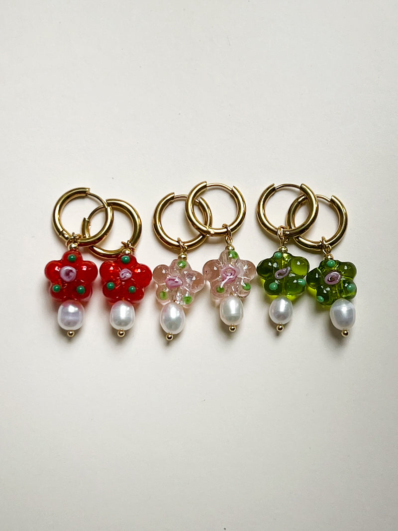 Glass Flower & Pearl Hoop Earrings - Orange