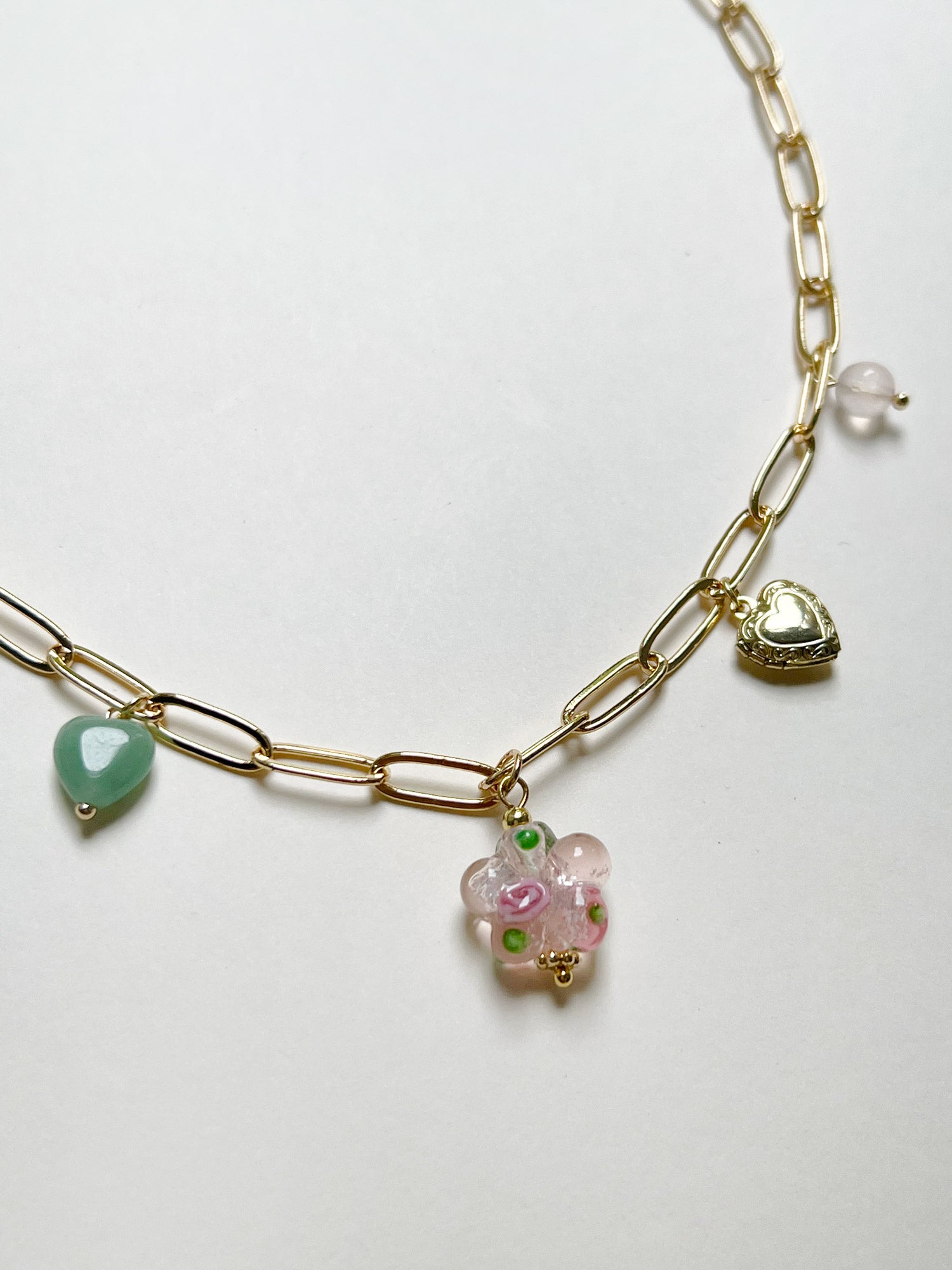 Pink Glass Flower Charm Necklace - Locket/Crystals