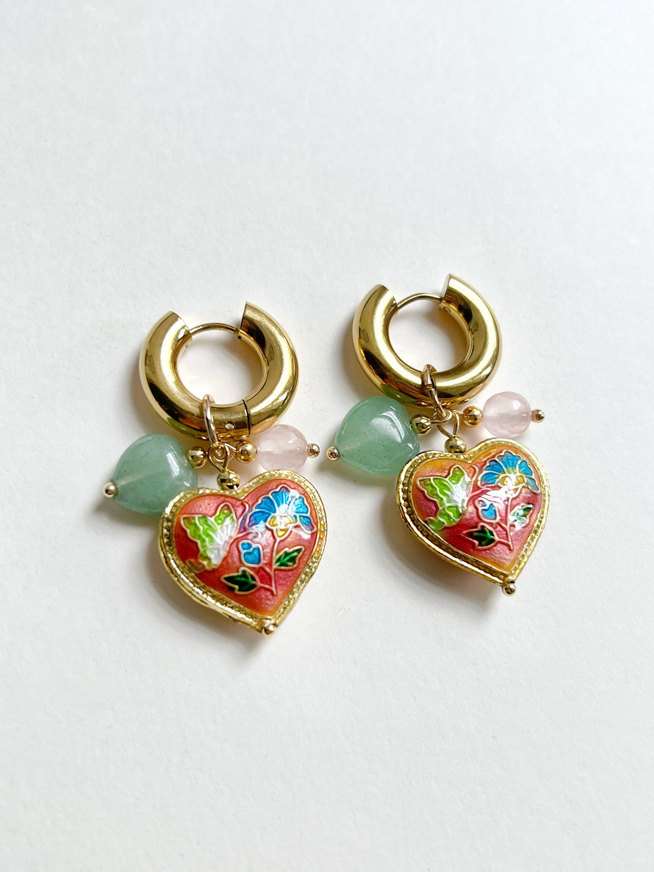 Pink Cloisonne Heart Chunky Gold Hoops - Rose Quartz/Green Aventurine