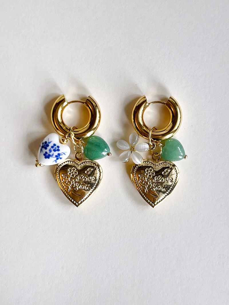 Chunky Heart Locket Hoops - Blue Ceramic Heart/Green Stones