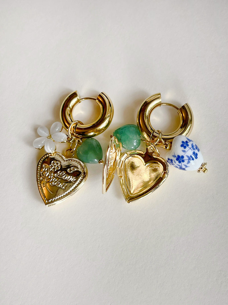 Chunky Heart Locket Hoops - Blue Ceramic Heart/Green Stones