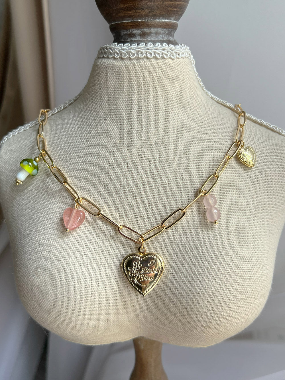 Heart Locket Charm Necklace with Mushroom - Springtime