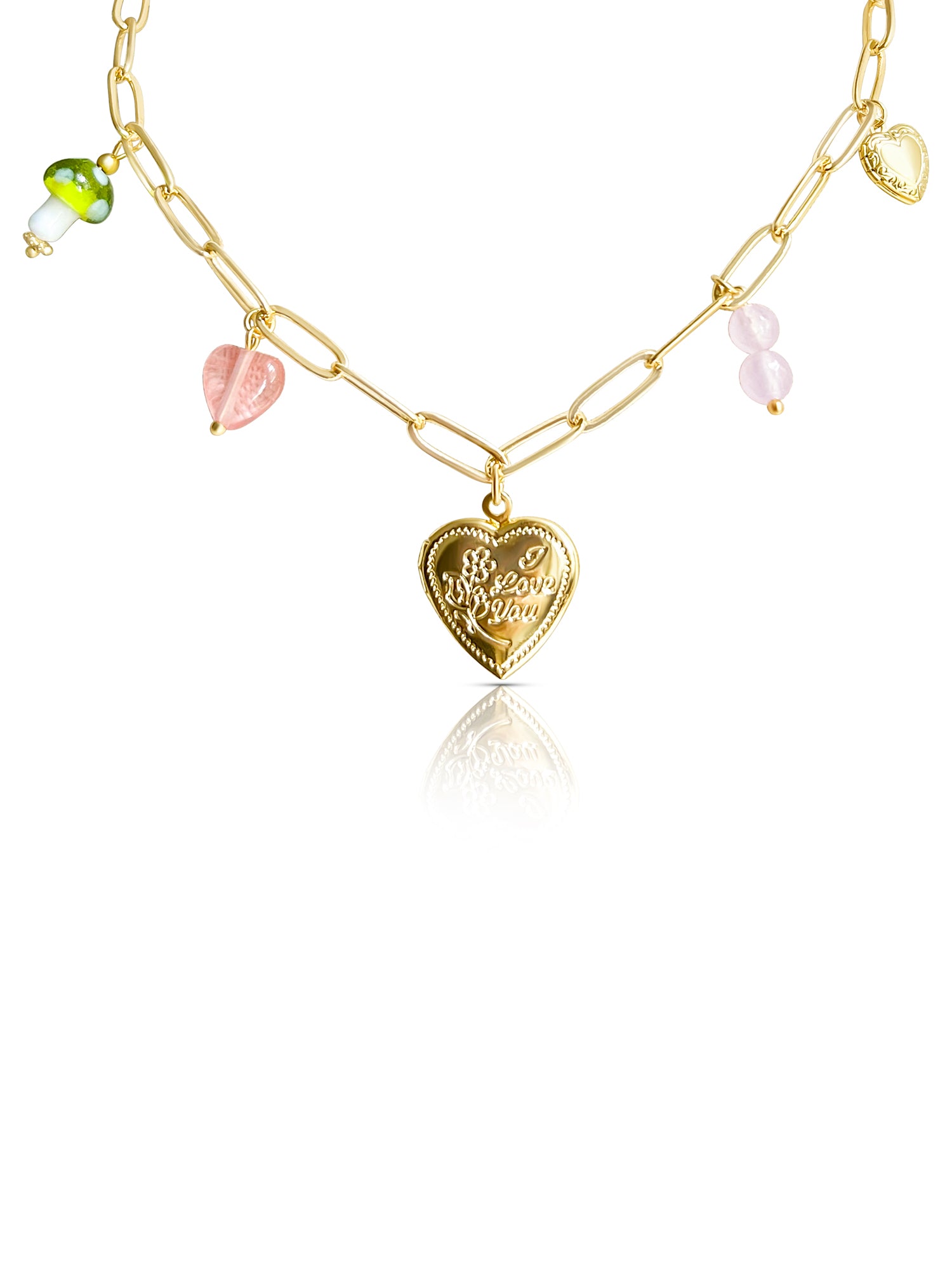 Heart Locket Charm Necklace with Mushroom - Springtime