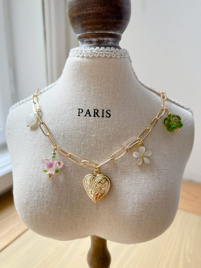 Heart Locket Charm Necklace - Glass Flowers