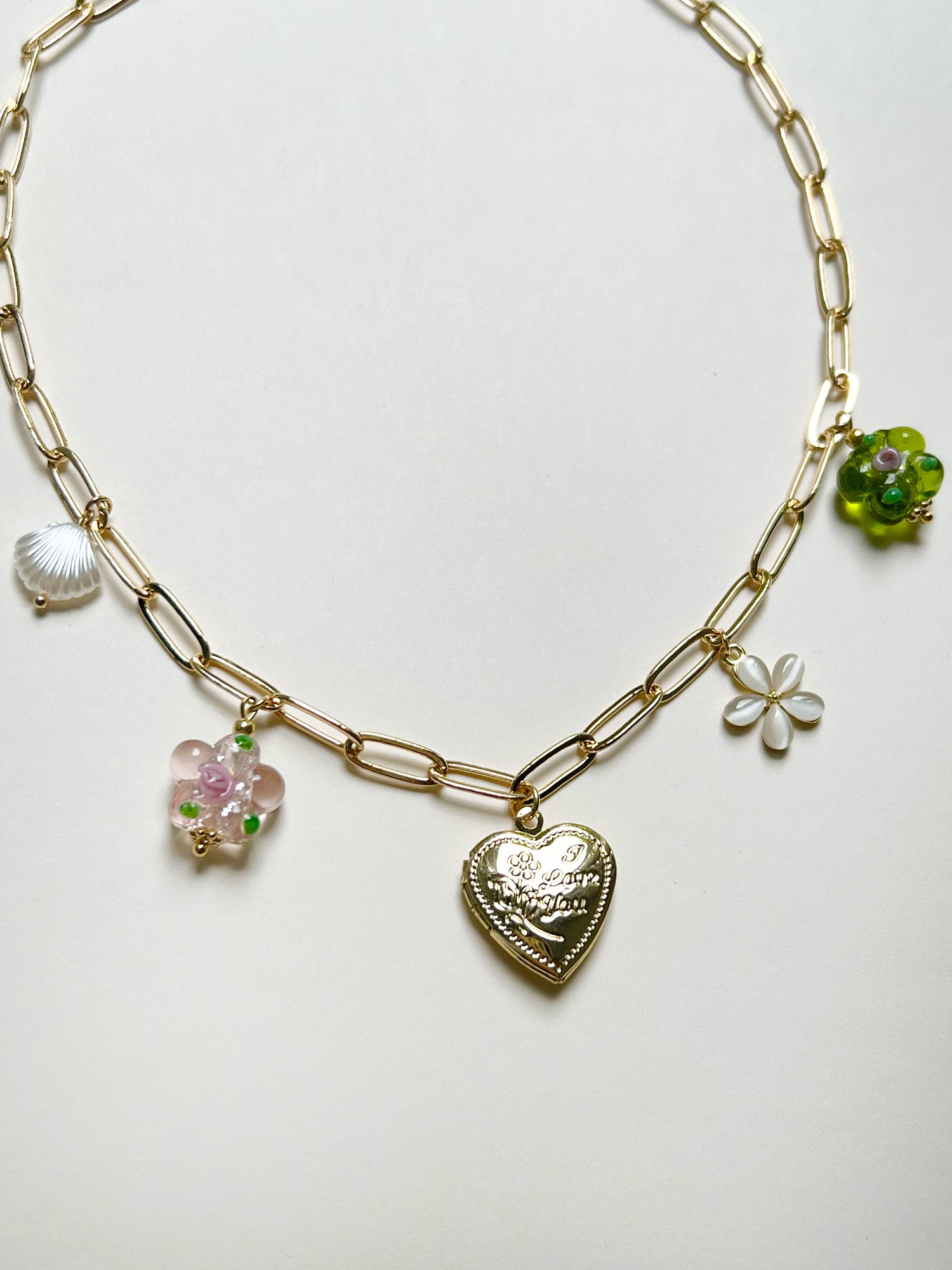 Heart Locket Charm Necklace - Glass Flowers