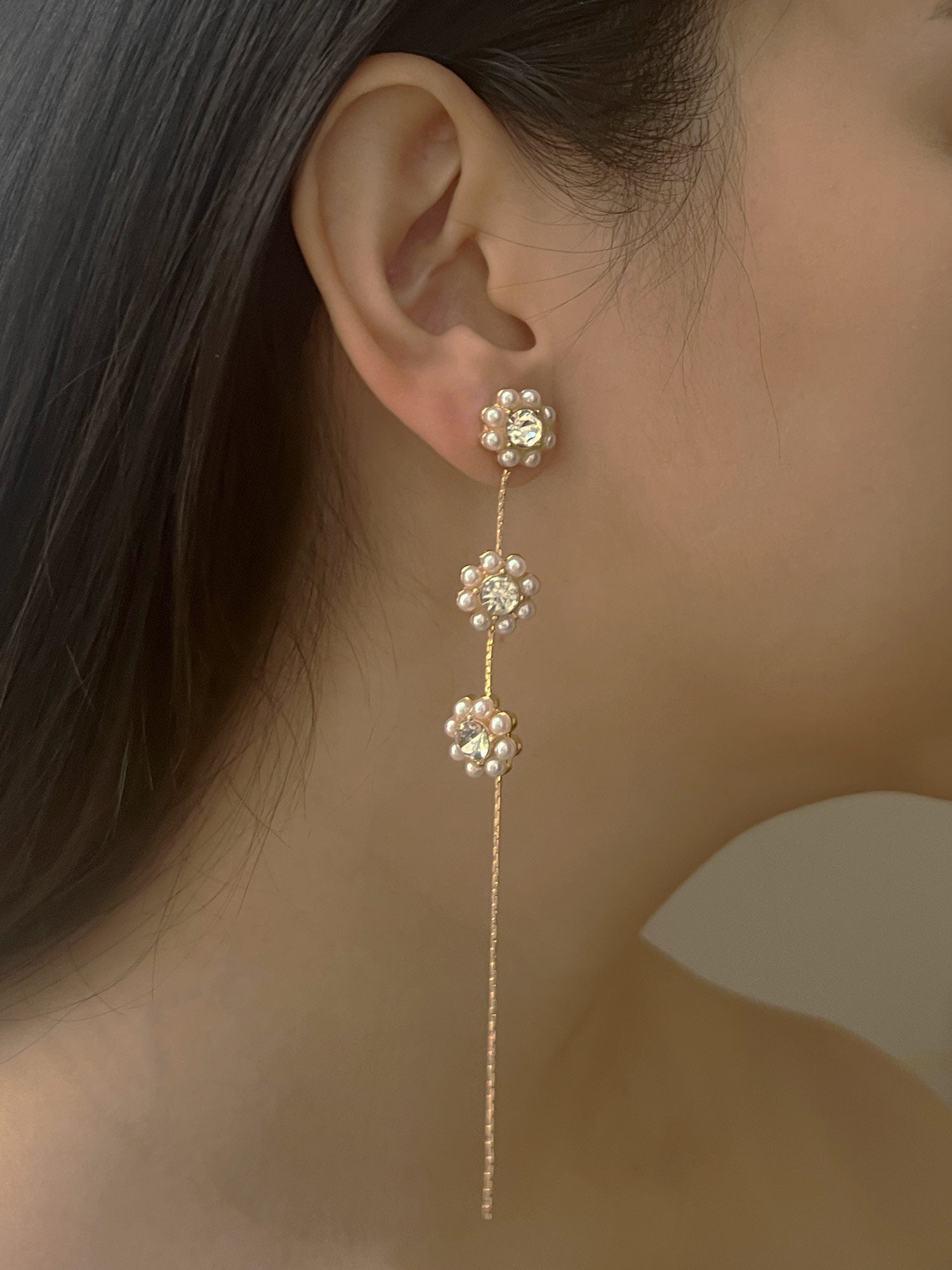 long flower pearl earrings