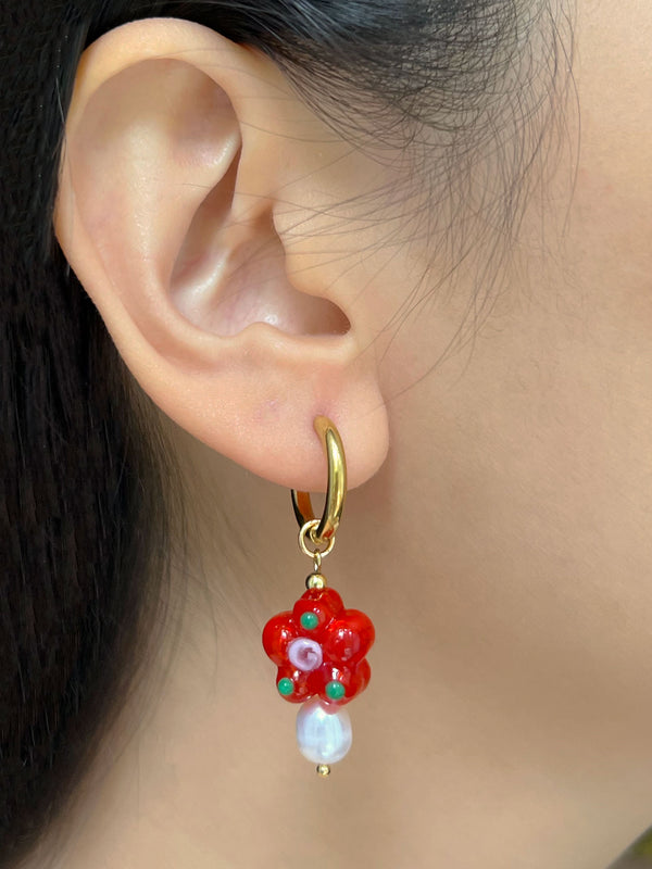 Glass Flower & Pearl Hoop Earrings - Orange