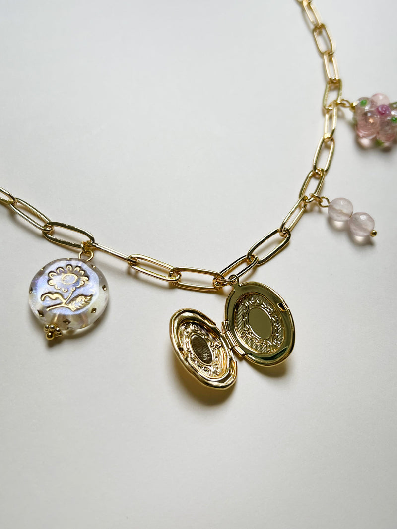 Oval Locket Charm Necklace - Glass Flower/Crystals