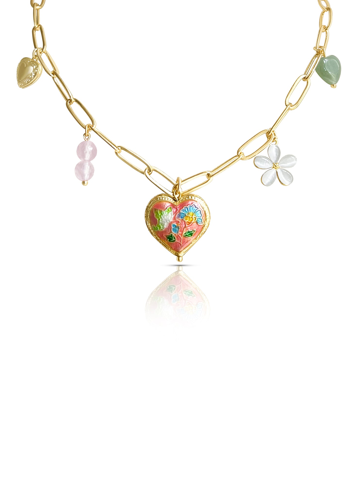 pink heart cloisonne charm necklace