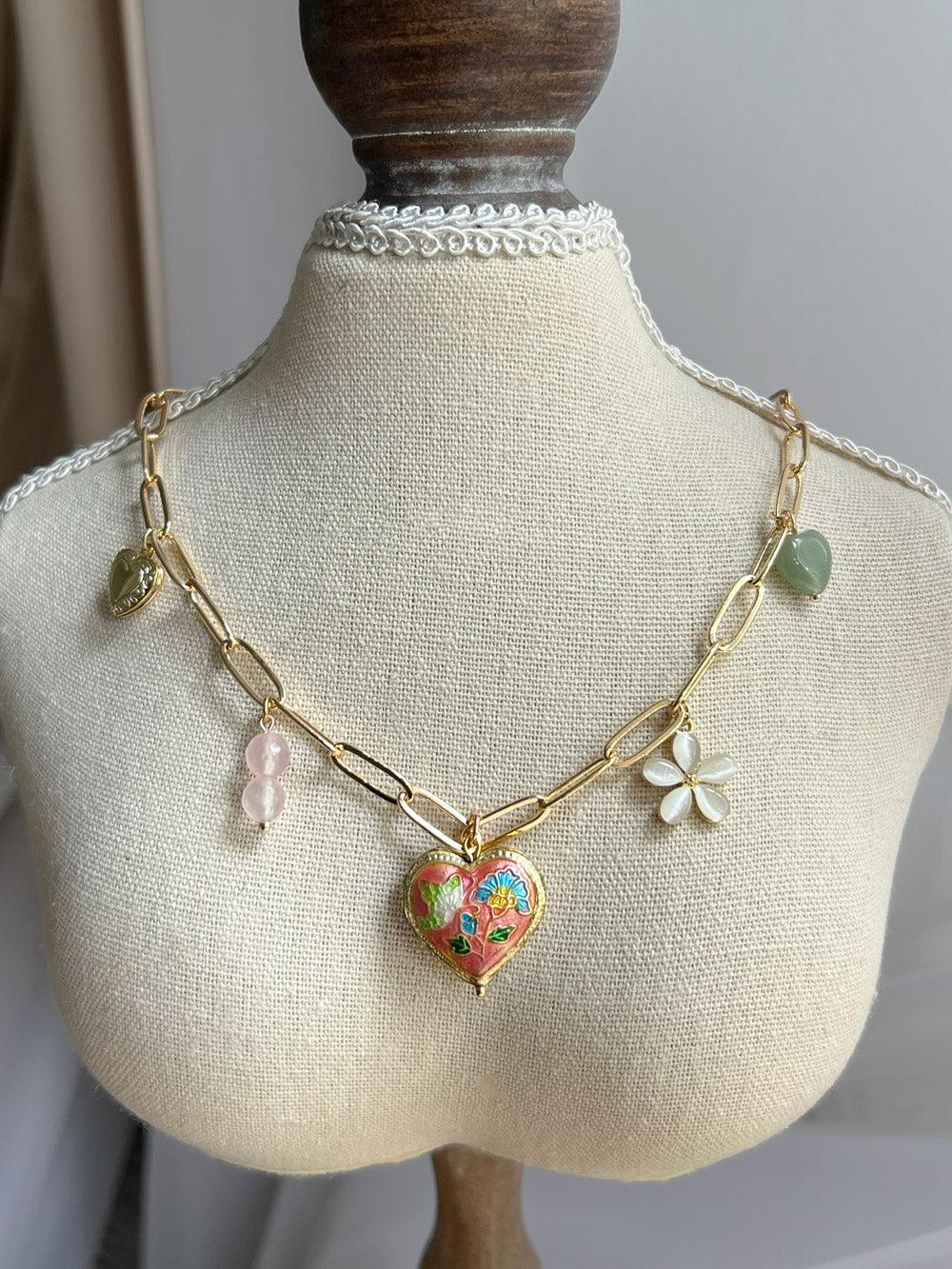 pink heart cloisonne charmnecklace