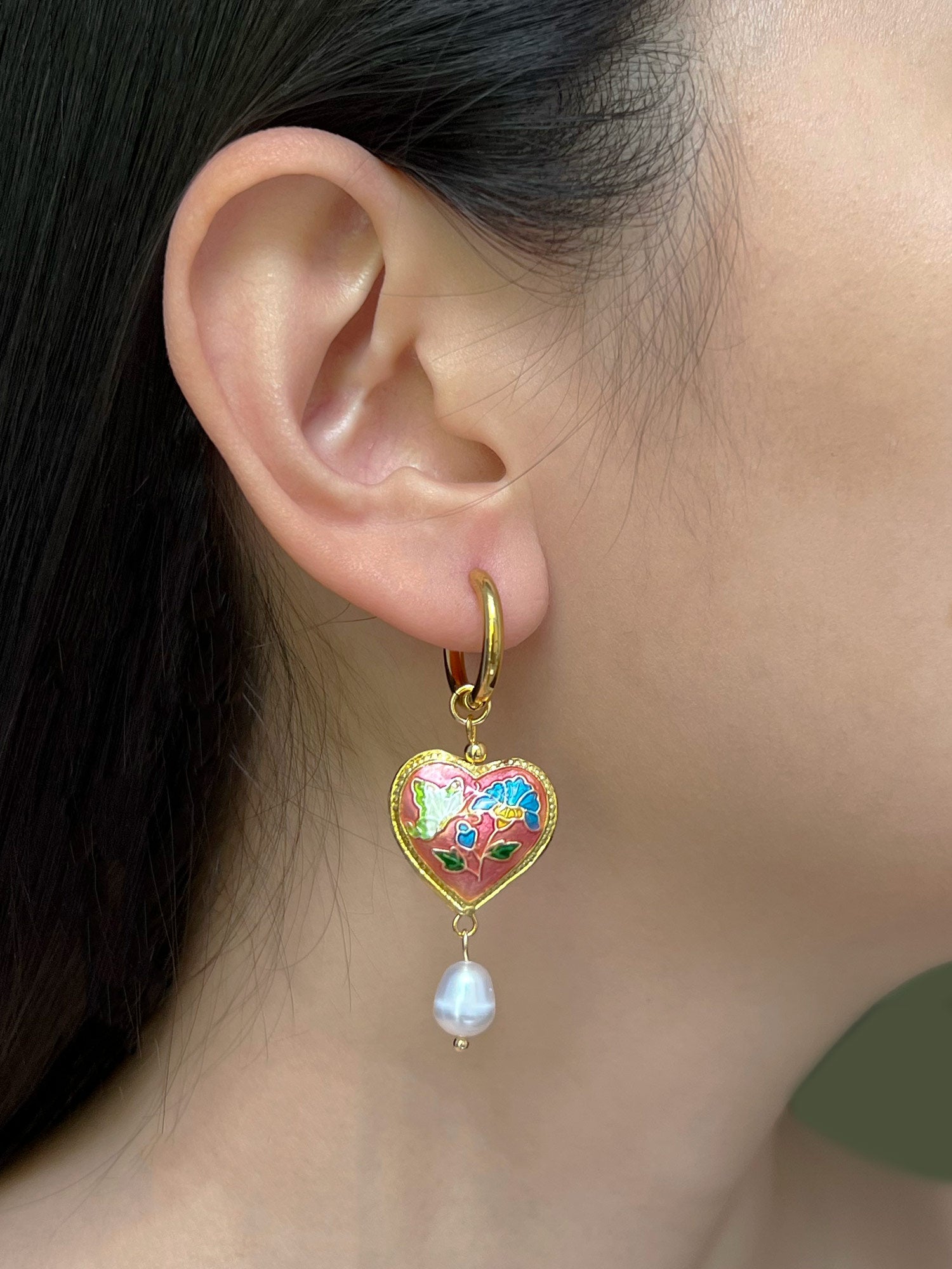 Pink Cloisonne Heart Dangling Earrings with Pearl