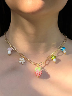 Pink Strawberry Charm Necklace with Colourful Mushrooms