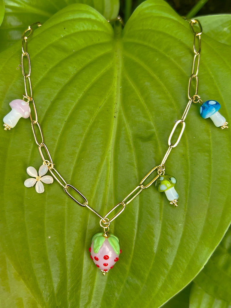 Pink Strawberry Charm Necklace with Colourful Mushrooms