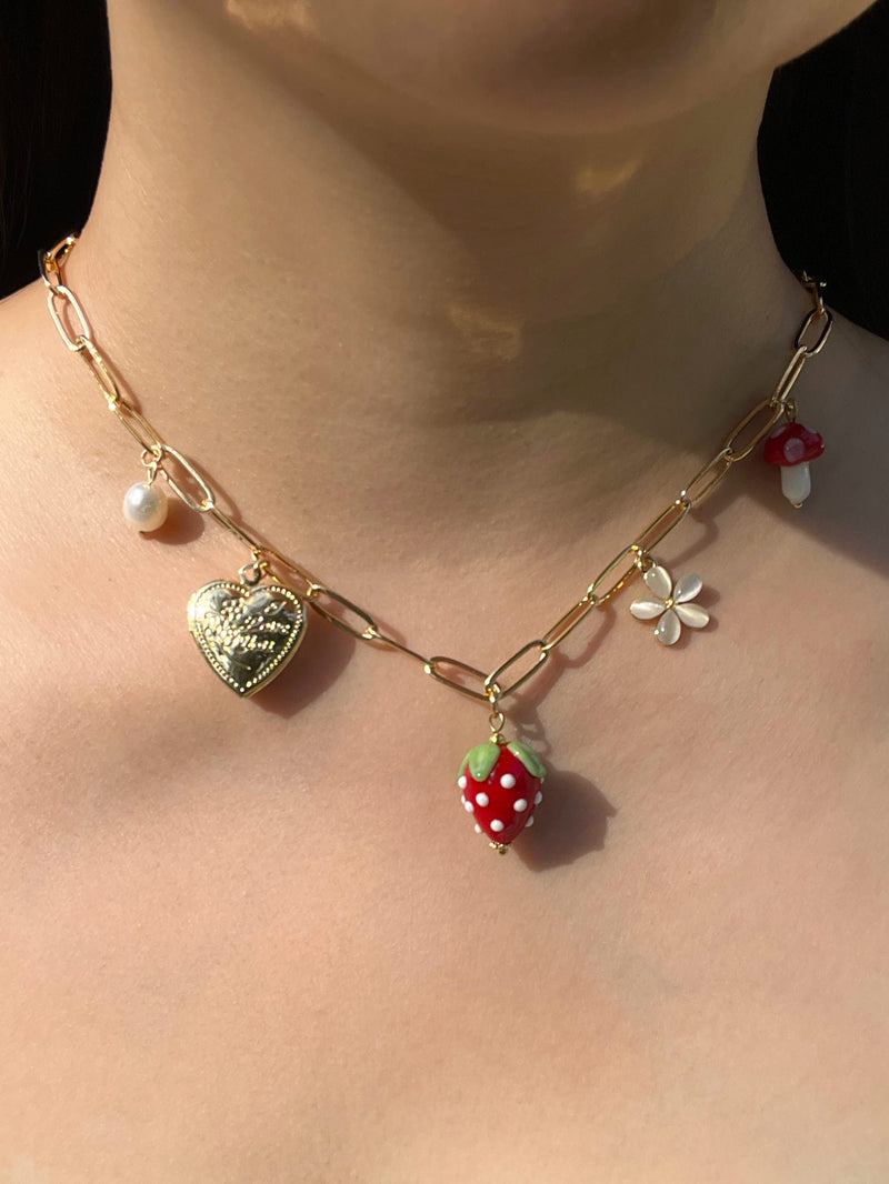 Red Strawberry Charm Necklace with Locket