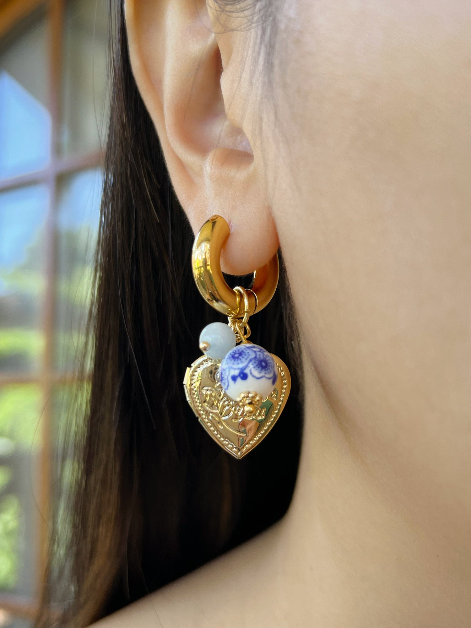Chunky Heart Locket Hoops - An Eclectic Cup of Tea/Blue Stones