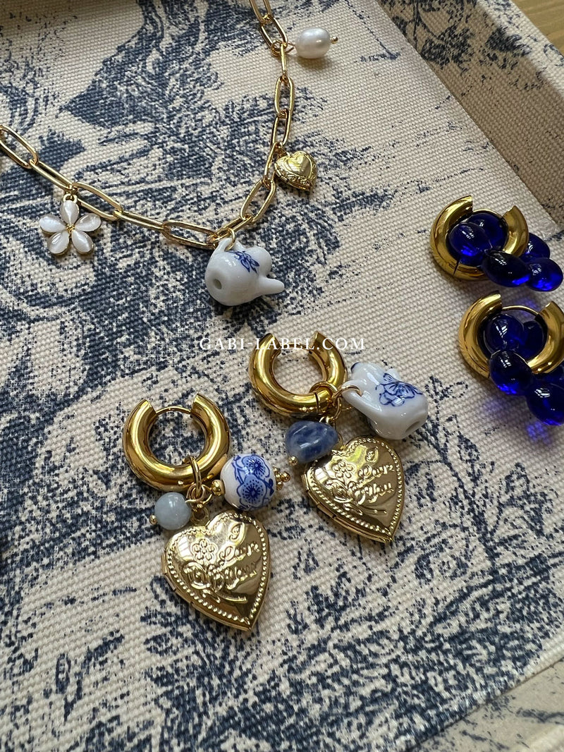 Chunky Heart Locket Hoops - An Eclectic Cup of Tea/Blue Stones