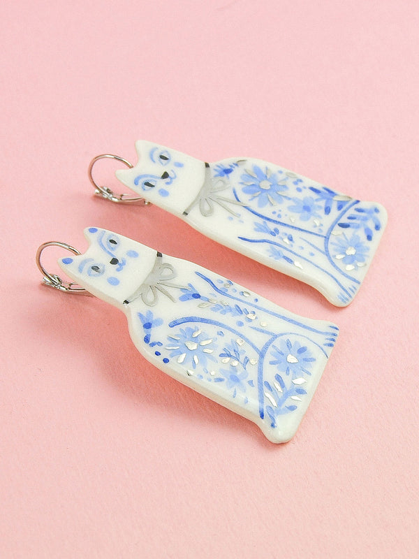 Ceramic Handpainted Cat Earrings with Flowers - Silver/Blue