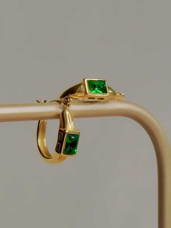 Gold Hoops With Green Rectangular Gemstone