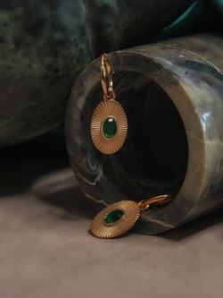 Oval Gemstone Pendant Hoops - Emerald Green