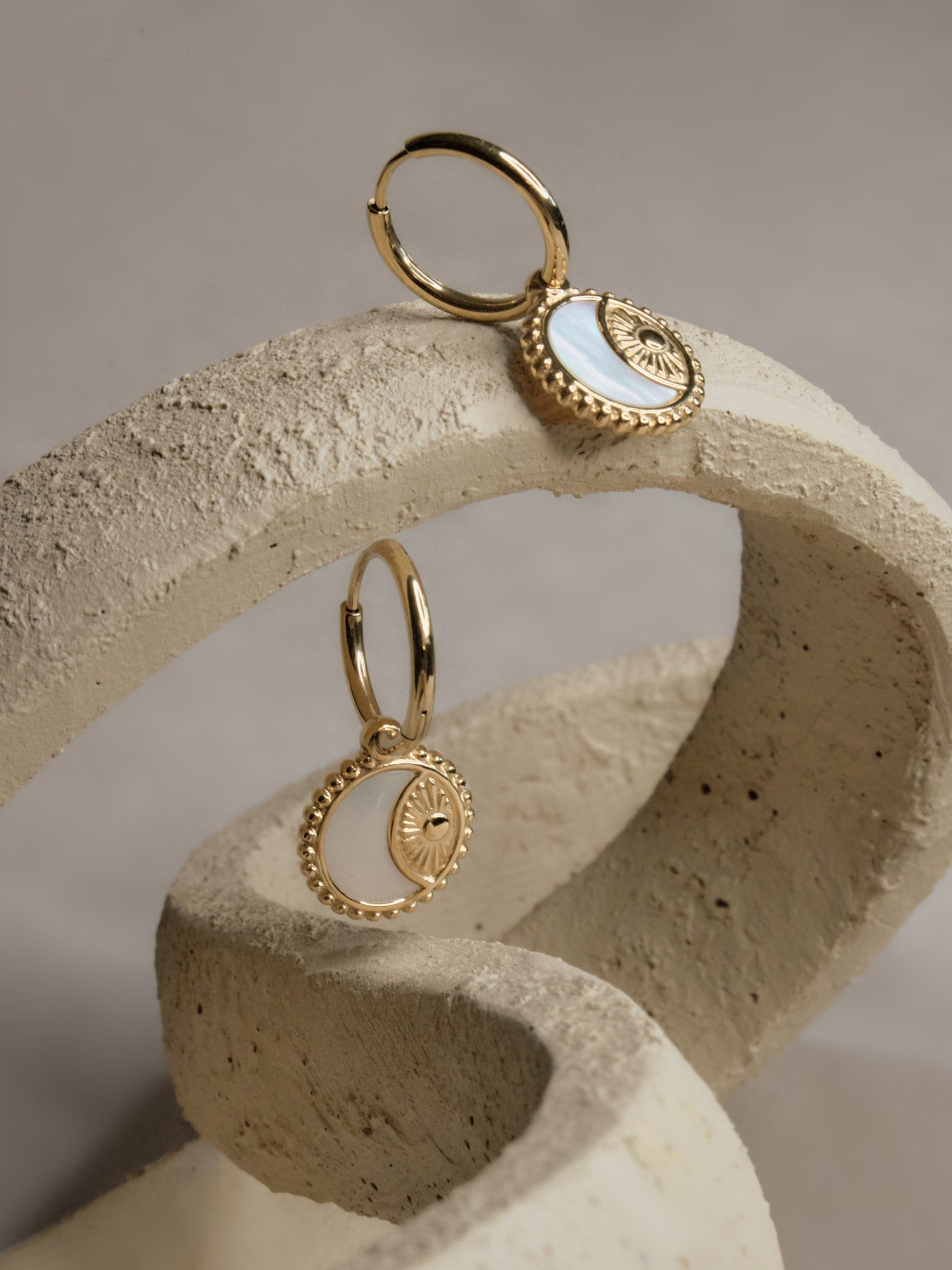 Shell Crescent and Sun Pendant Hoops – Gabi The Label