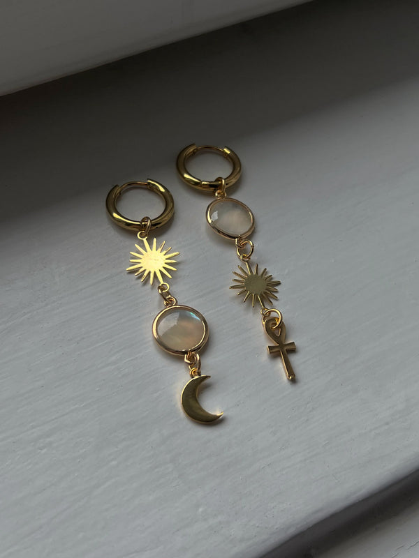 Ankh and Crescent Moon Mismatched Hoops
