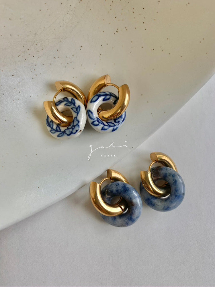 Donut Ball Hoop Earrings Green Forest / Gold Plated Brass