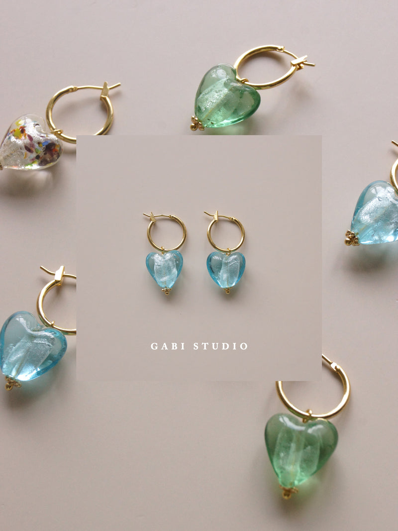 Glass Heart Hoops - Sky *18K Gold-plated