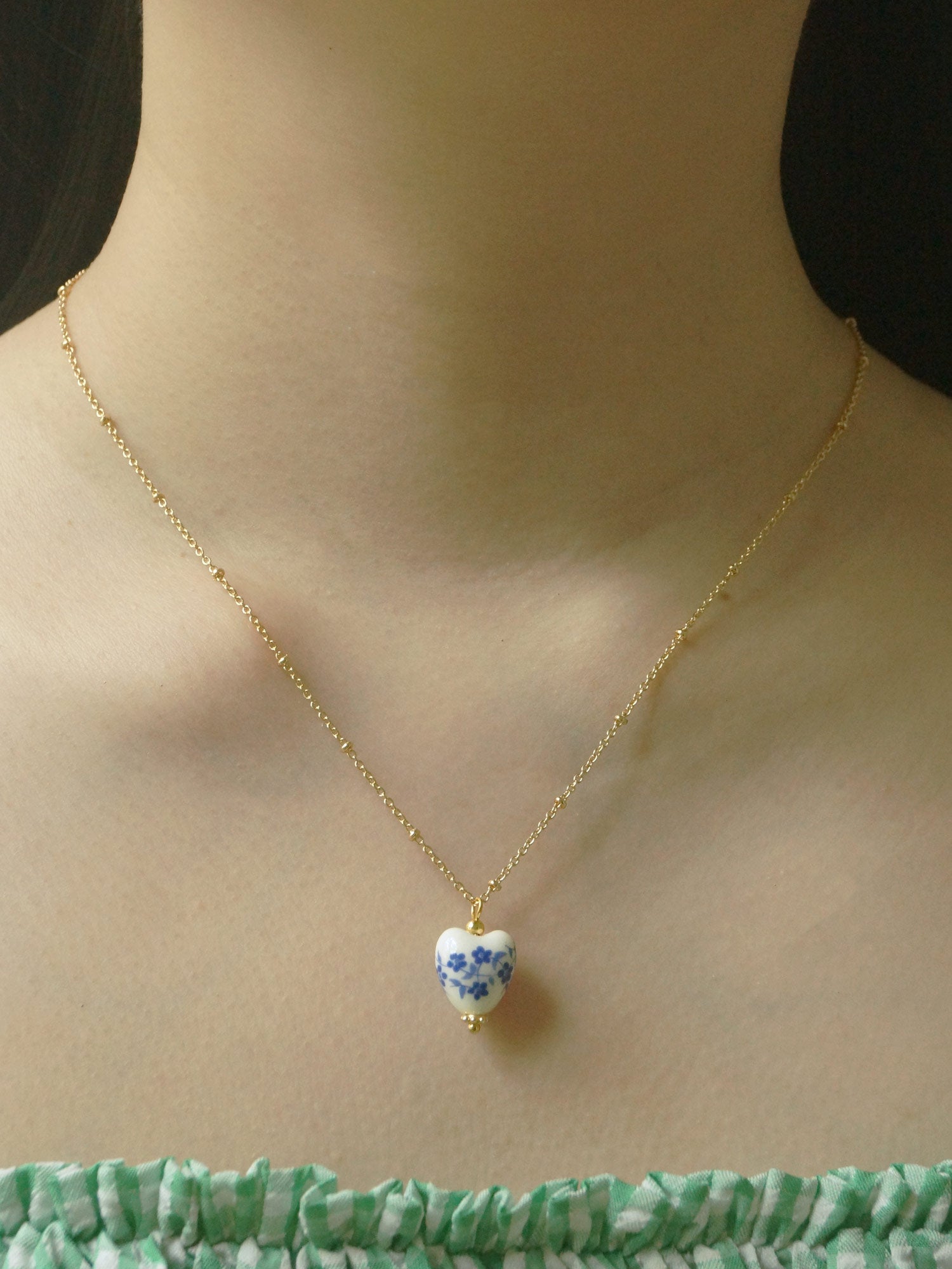 Collier Coeur Fleur En Céramique - Bleu