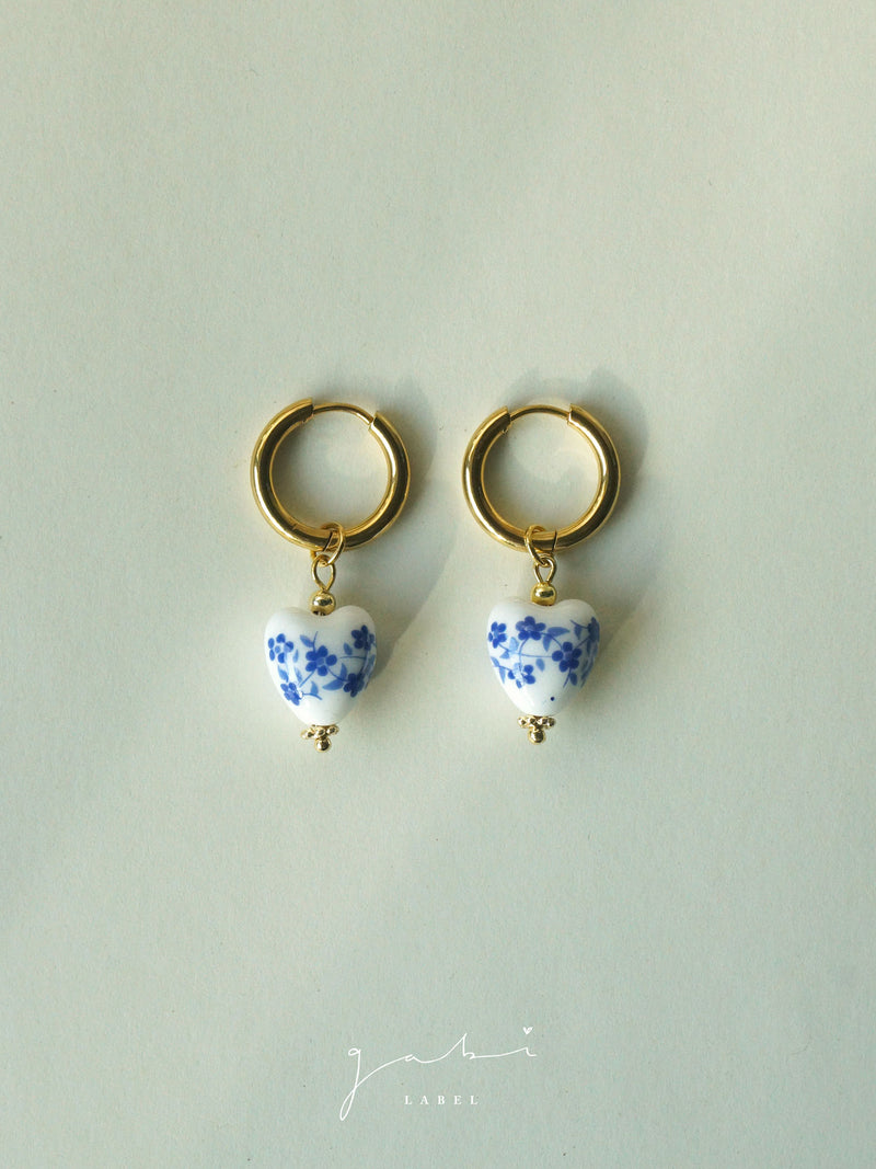 Ceramic Heart Hoop Earrings - Blue