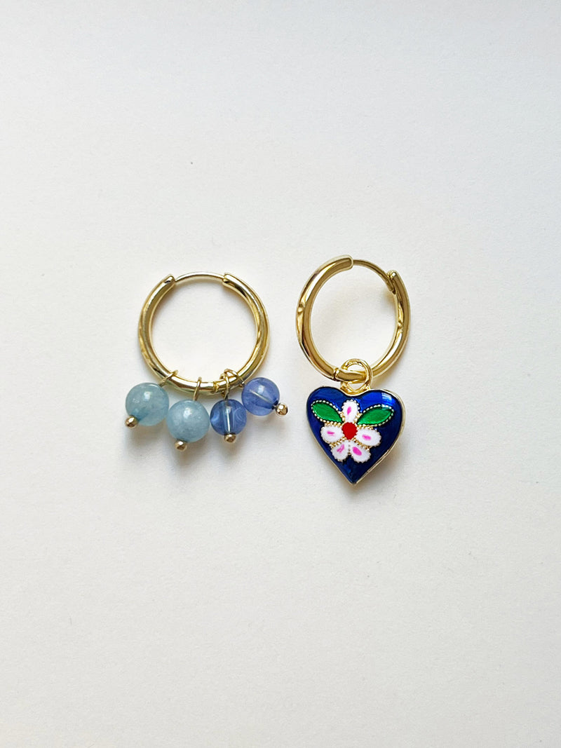 Quirky Mismatched Hoops with Natural Stones - Blue