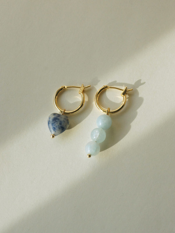 Little Stone Heart Mismatched Hoops - Blue
