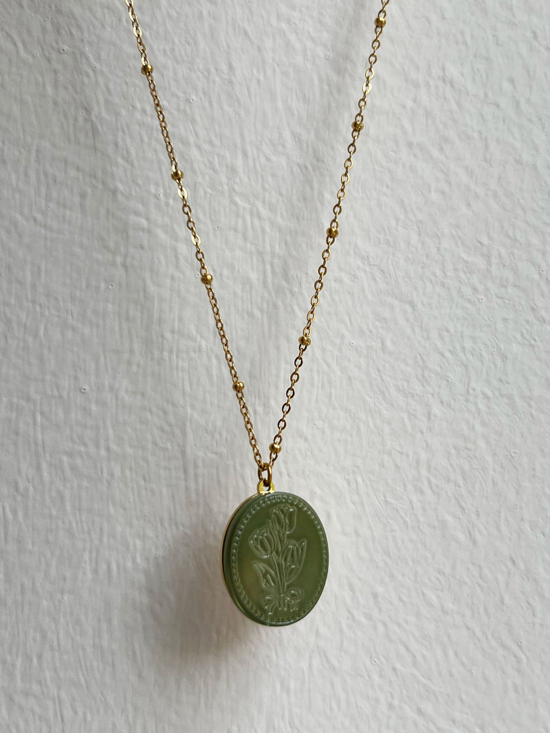 Large Pearl Pendant Necklace with Carved Flowers - Green